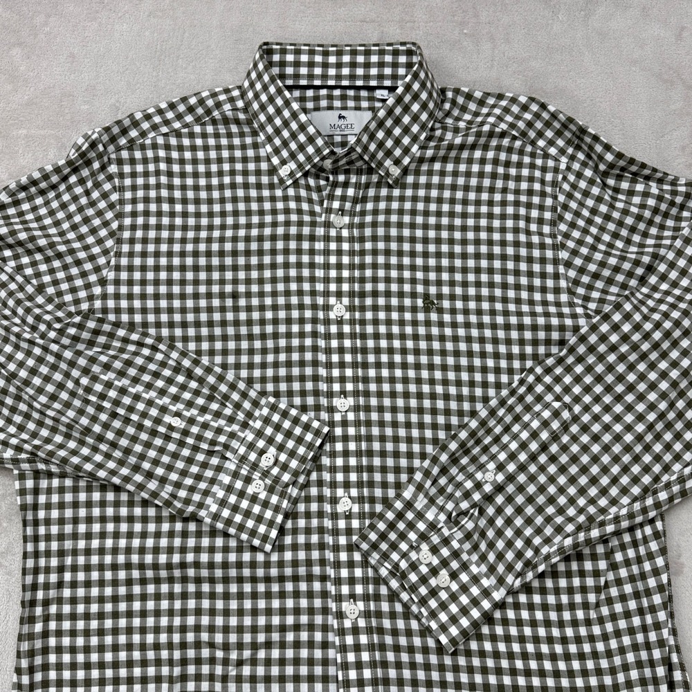 Magee 1866 Button Down Shirt Men XL Olive Green Gingham Check Cotton Long Sleeve - Picture 2 of 9
